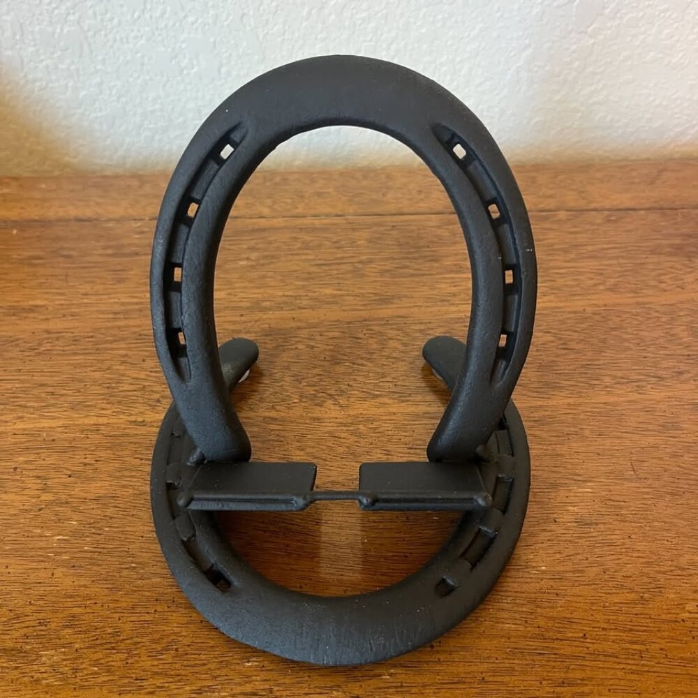 Reclaimed Horseshoe Desktop End Table Phone Tablet Holder Stand Flat Black Rusti